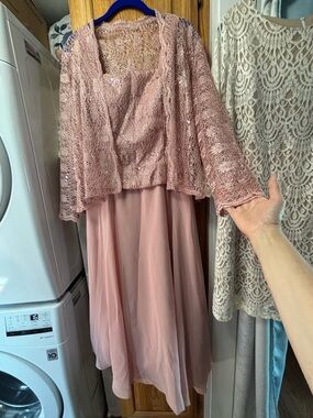 Elegant Blush Pink Lace Midi Dress with Matching Jacket